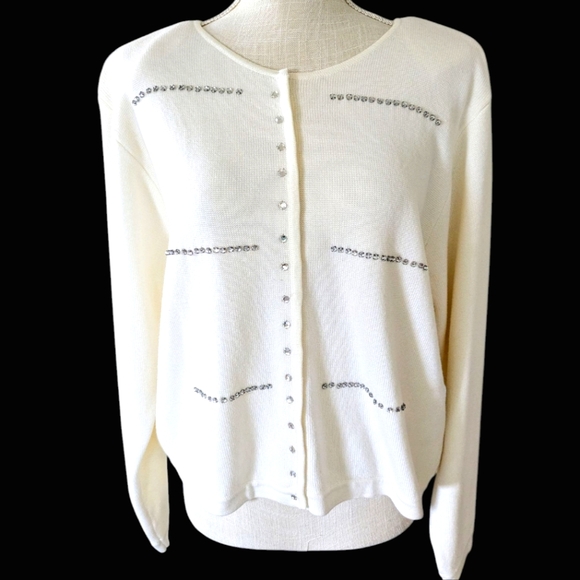 Vintage Marisa Christina Cardigan Sweater XL Rhinestone‎ Snap Front Ivory - Picture 1 of 9